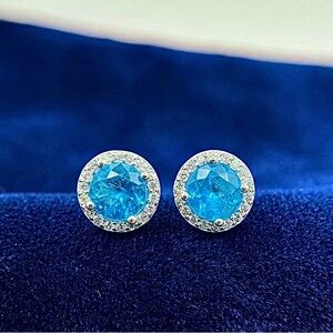 925 Sterling Silver Neon Blue Topaz & Moissanite Halo Stud Earrings